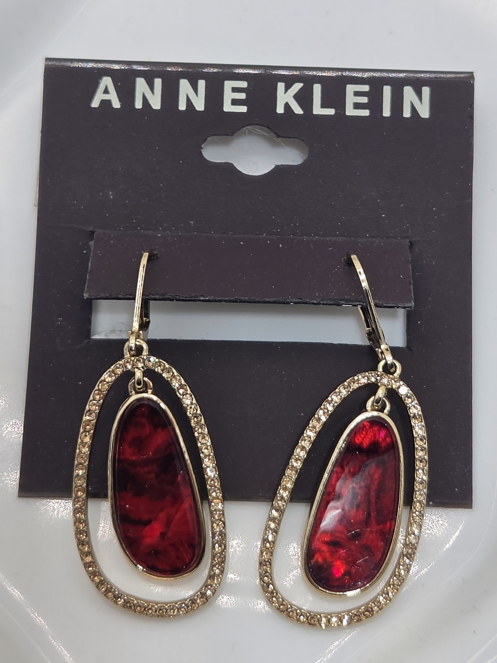 ✨ NWT Anne Klein Red Faux Lucite Crystal Teardrop Earrings ❤️ Gold Leverback
